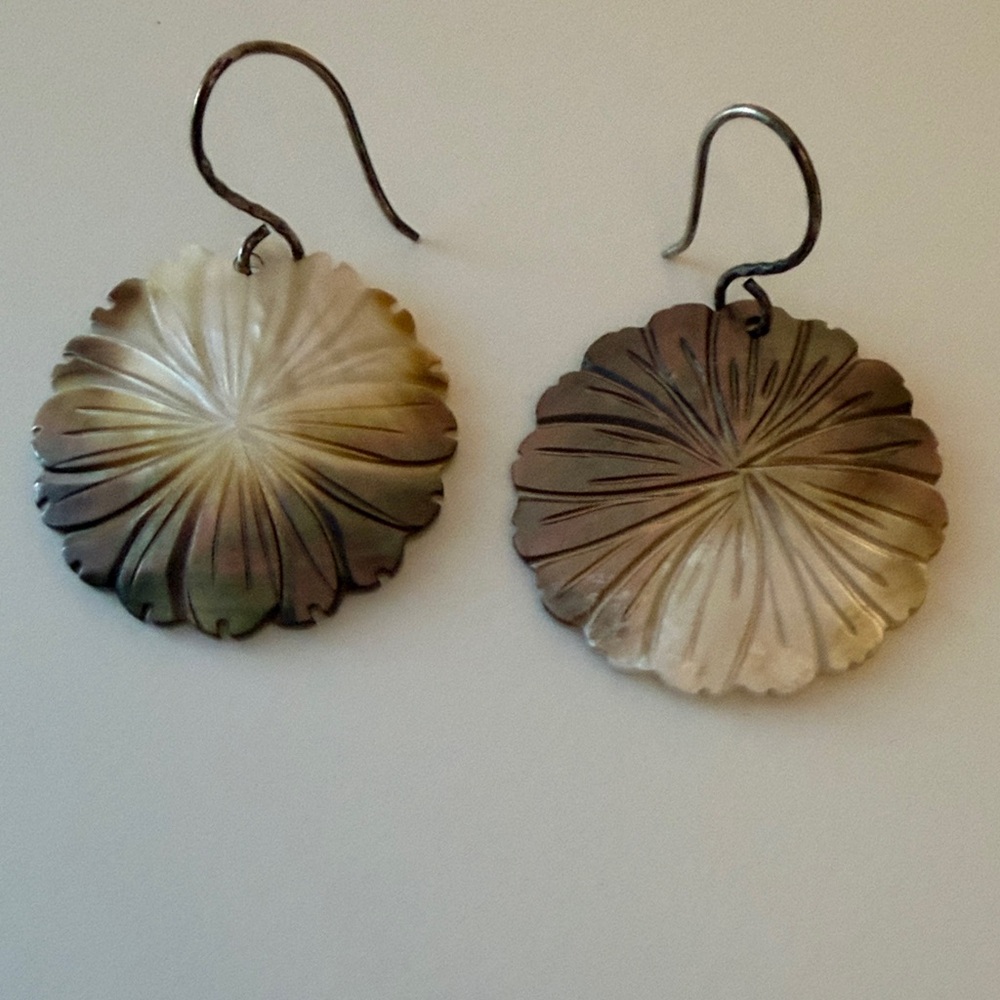 Handcrafted Iridescent Shell Flower Drop Earrings - Cream & Green